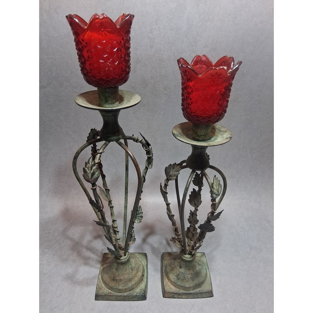 Metal Rustic Leaf Candle Stick Holders Set Of 2/Base Can Be Unscrewed Red Insert